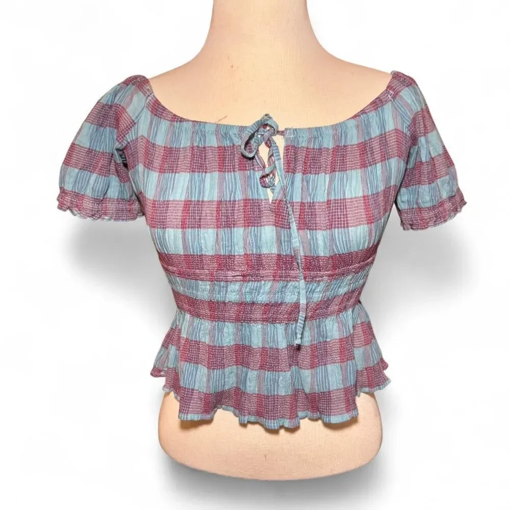 Free People smocked off shoulder plaid peplum peasant top with tie front Sz XS
